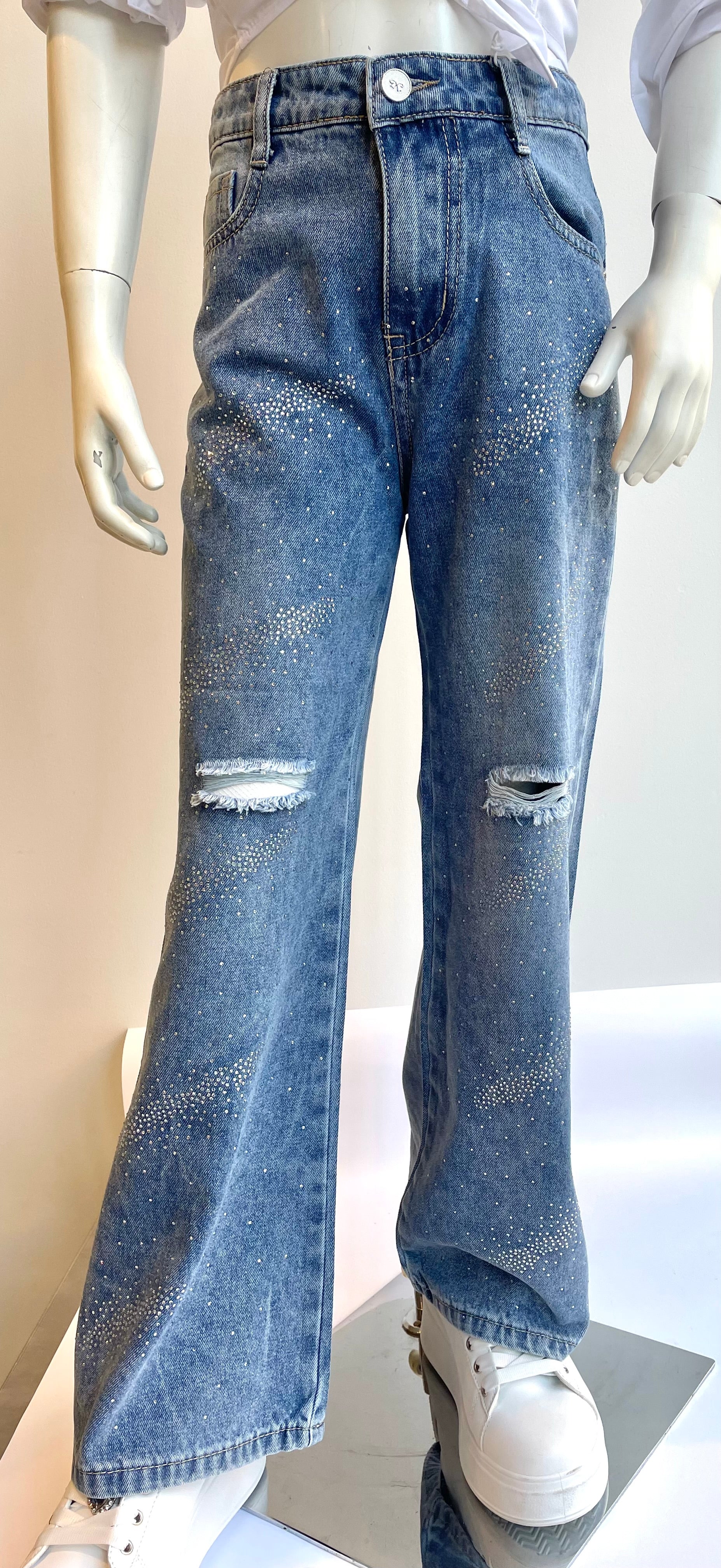 Jeans bambina con strappi e strass